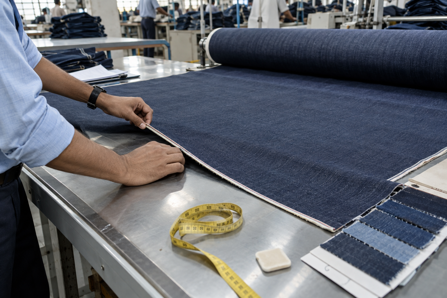 Indigo fabric inspection at the factory