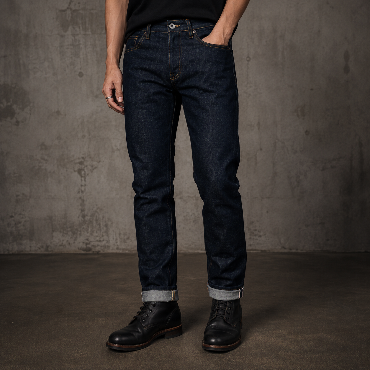 Raw Japanese selvedge denim jeans with cuffed selvedge ID hem